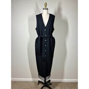 Vintage Emanuel Ungaro Black Wool Maxi Dress 10 Fringe Button Front Quiet Luxury